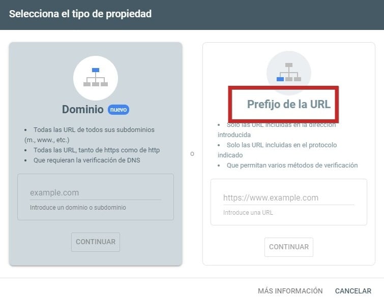 Dar de alta dominio en google search console