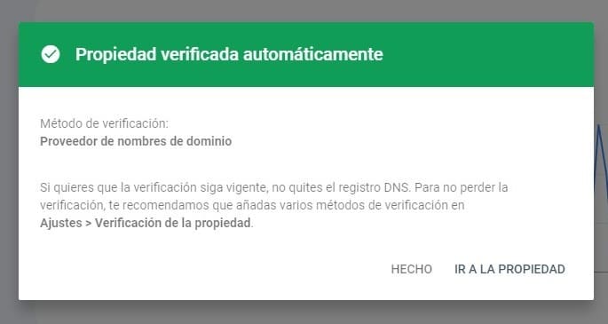 Confirmación Validación Sitio en Google Search Console
