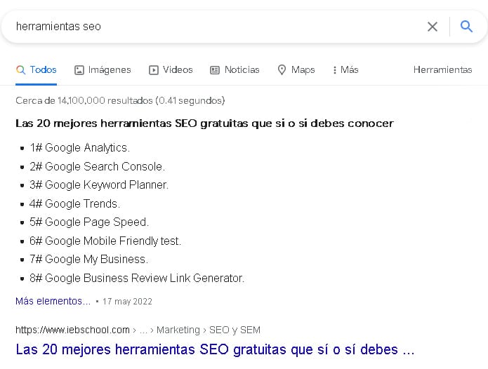 Featured Snippet example serp google