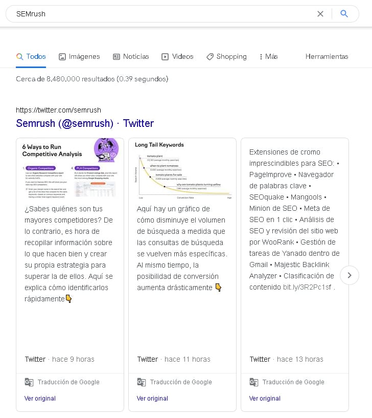 Latest three tweets appear in search results