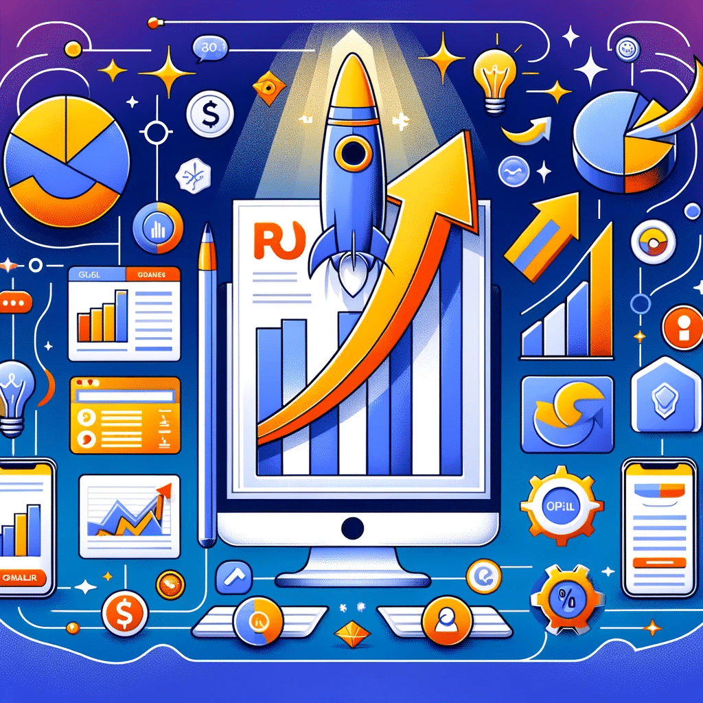 Ilustración sobre potencializar resultados con Google Ads, mostrando gráfico en aumento y elementos de análisis. | Posiciona.Digital