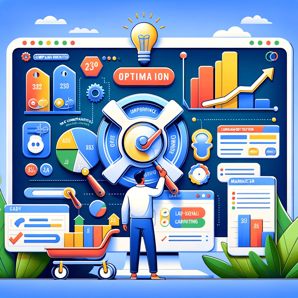 Ilustración sobre la optimización de campañas de Google Ads, con marketer y herramienta analítica. | Posiciona.Digital