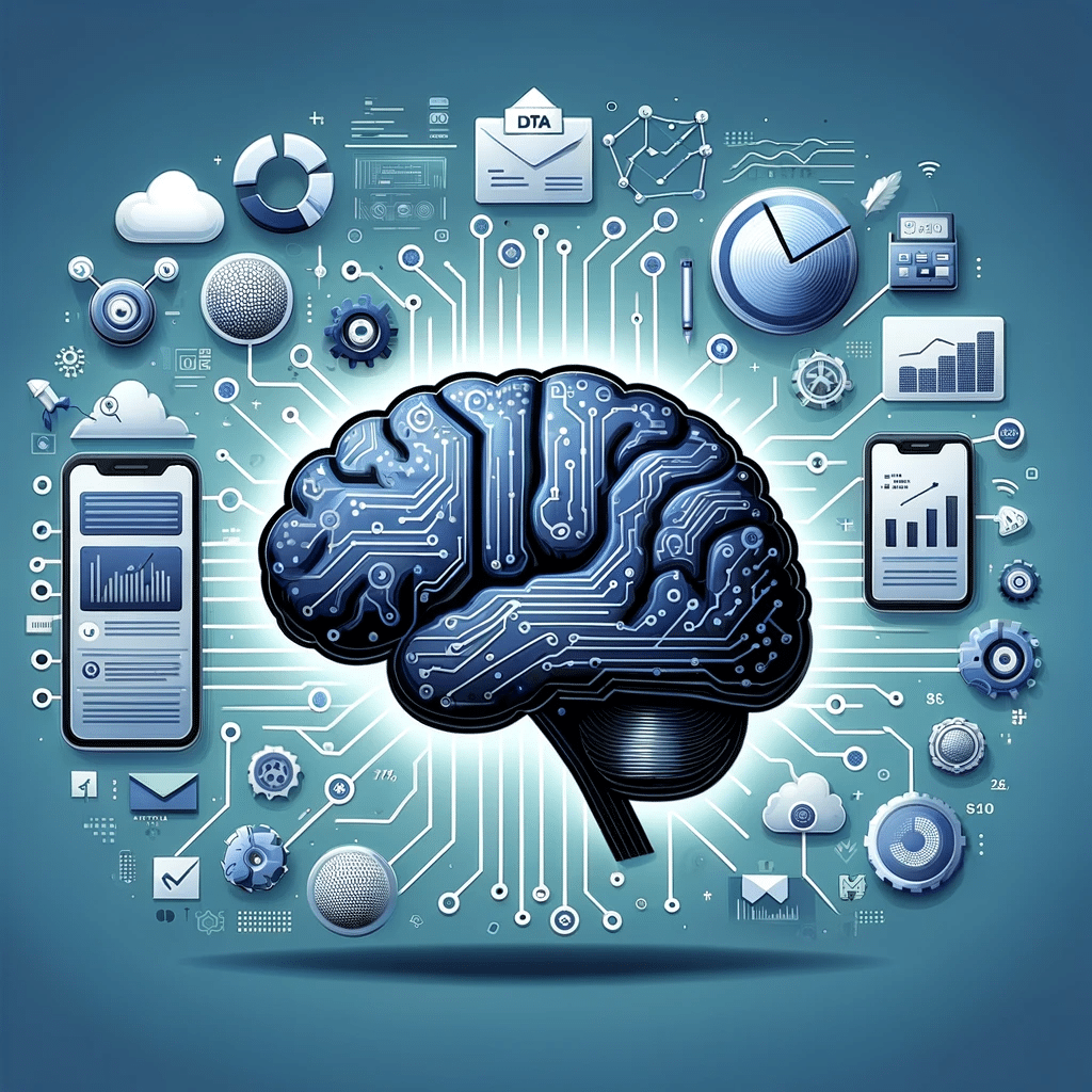 Ilustración de un cerebro con circuitos y un móvil, mostrando ventajas de IA en marketing digital | Posiciona.Digital