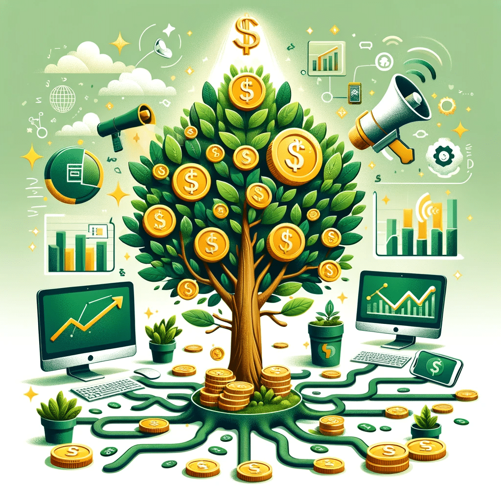 Árbol con monedas y dólares en paisaje digital, simbolizando ingresos generados. | Posiciona.Digital