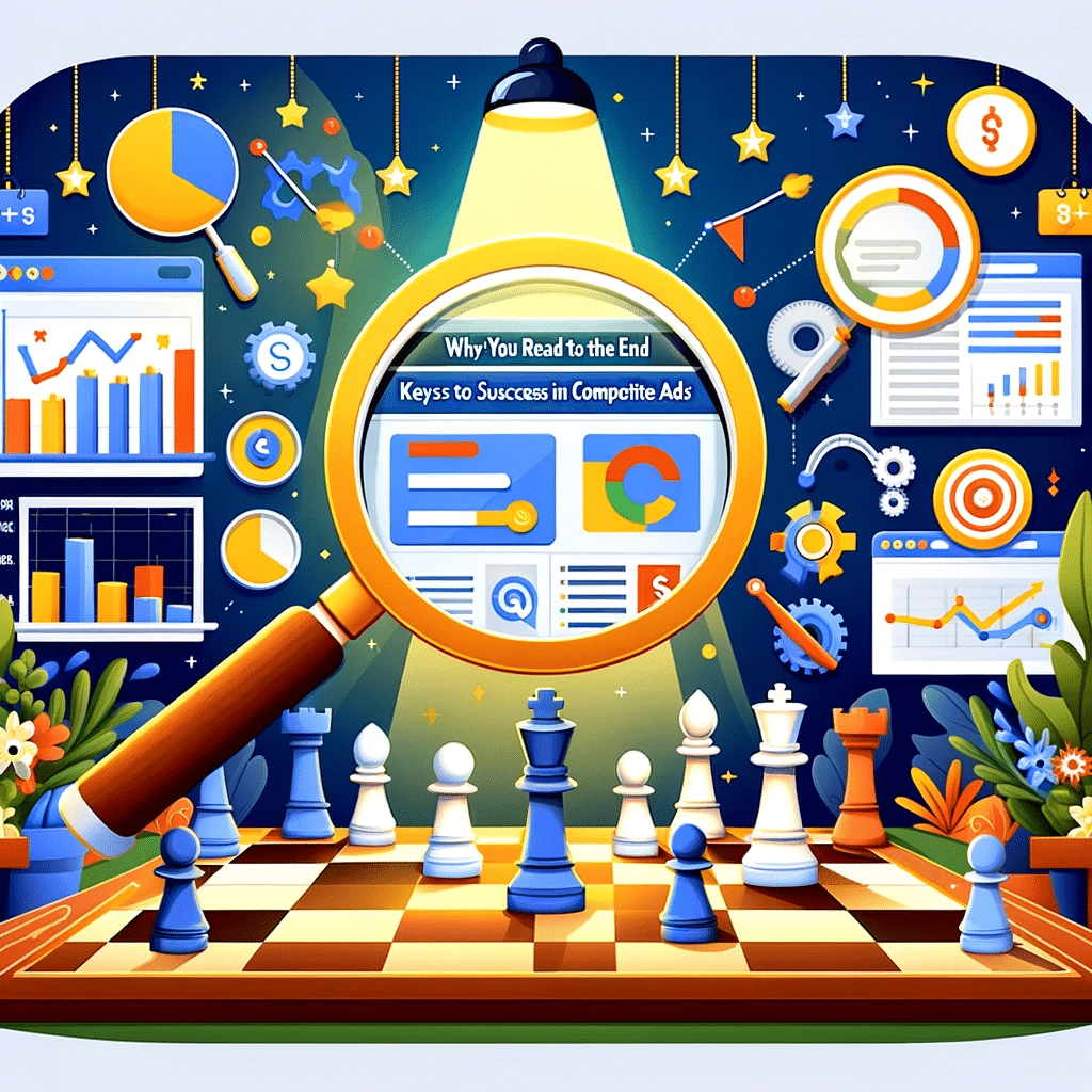 Ilustración sobre análisis de competencia en Google Ads, con lupa en dashboard y gráficos comparativos. | Posiciona.Digital