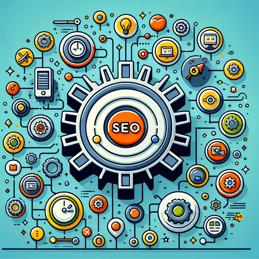 Engranaje de SEO interconectado con íconos de redes sociales, ilustrando su integración. | Posiciona.Digital