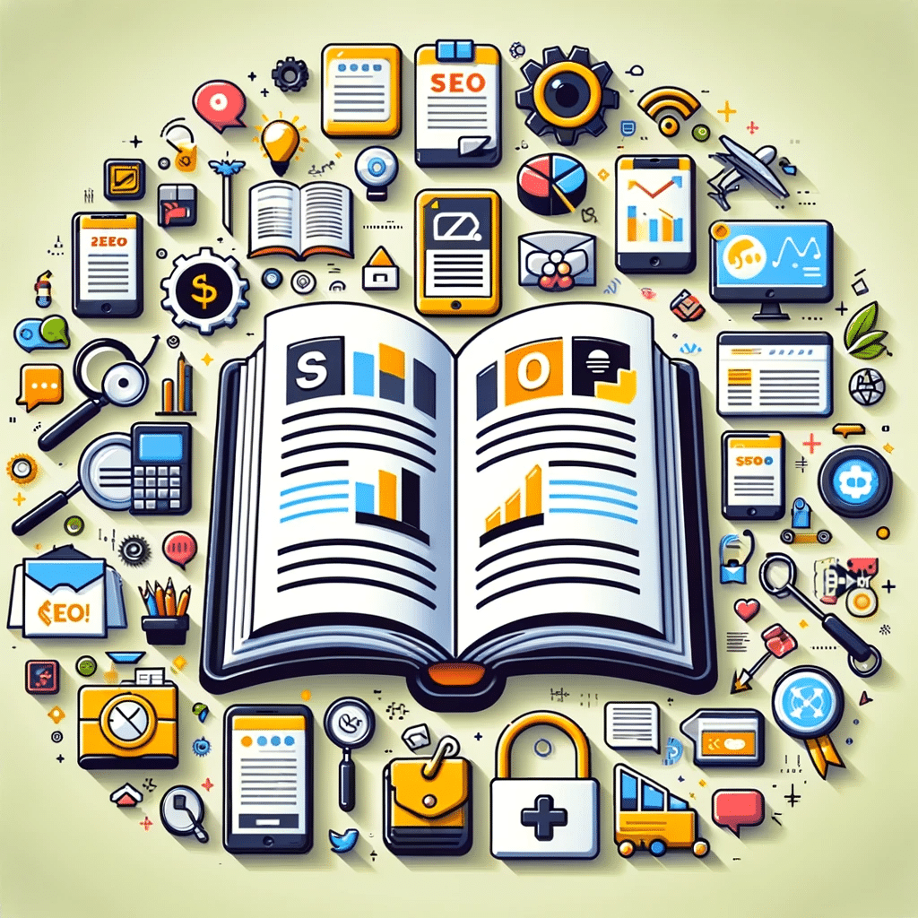 Gráfico de un libro sobre SEO para comercio electrónico con elementos clave como análisis de tráfico y optimización. | Posiciona.Digital