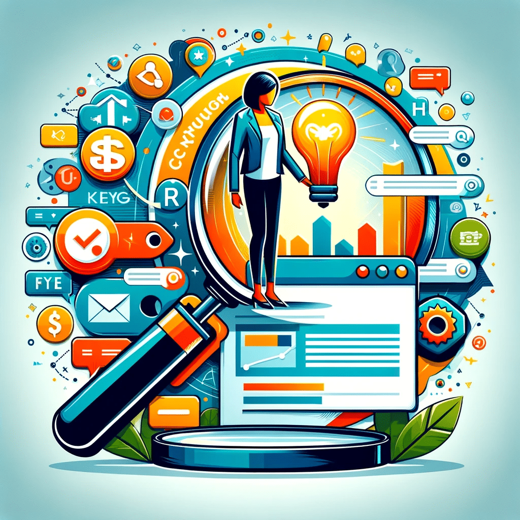 Ilustración sobre investigación exhaustiva de palabras clave en marketing digital, con lupa y gráficos. | Posiciona.Digital
