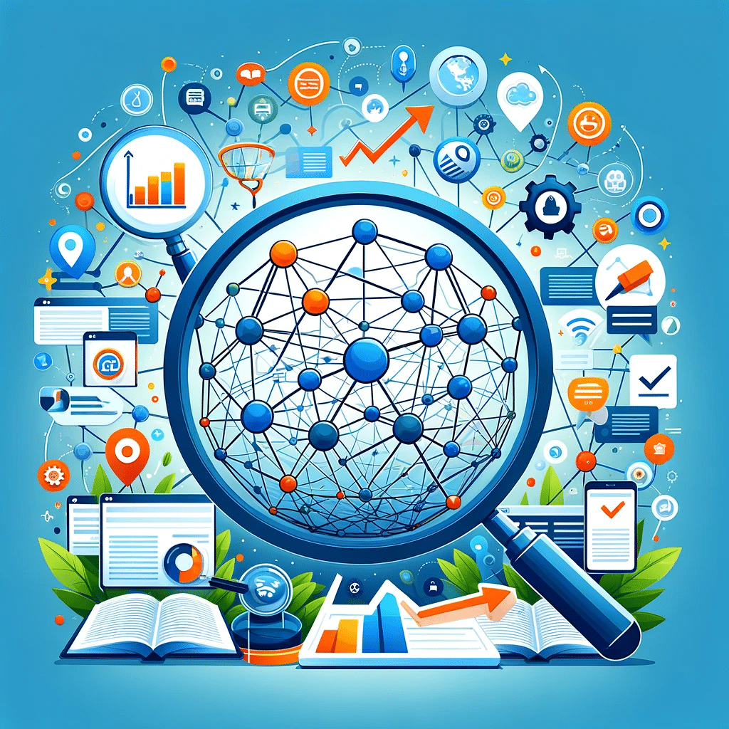 Imagen representando los fundamentos de la generación de enlaces en SEO, con una red de enlaces, lupa sobre palabras clave, resultados de búsqueda y gráfico de tráfico web. | Posiciona.Digital