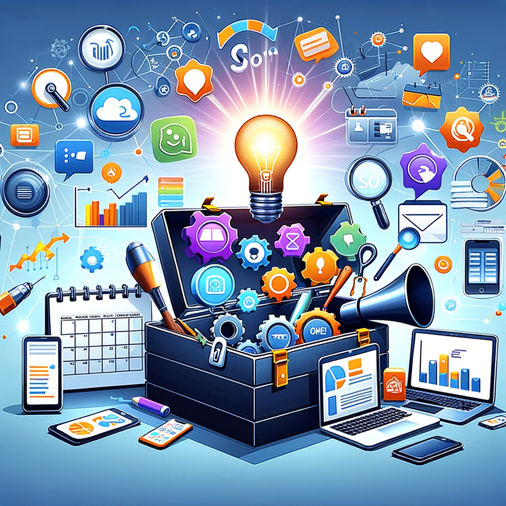 Caja de herramientas con íconos de redes sociales, base de datos, gráficos de análisis y SEO para marketing digital. | Posiciona.Digital