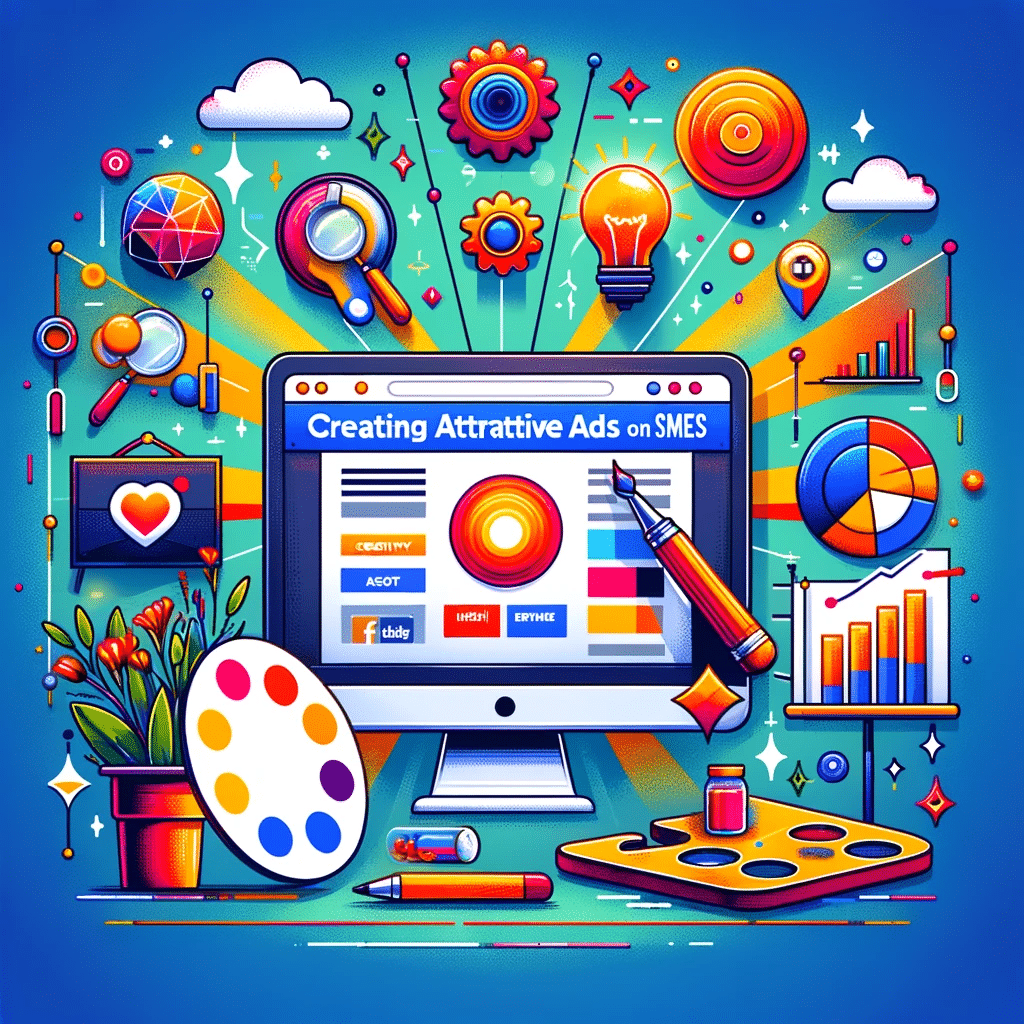 Ilustración de creación de anuncios atractivos en Facebook Ads con paleta de colores, ideas innovadoras y altos índices de engagement. | Posiciona.Digital