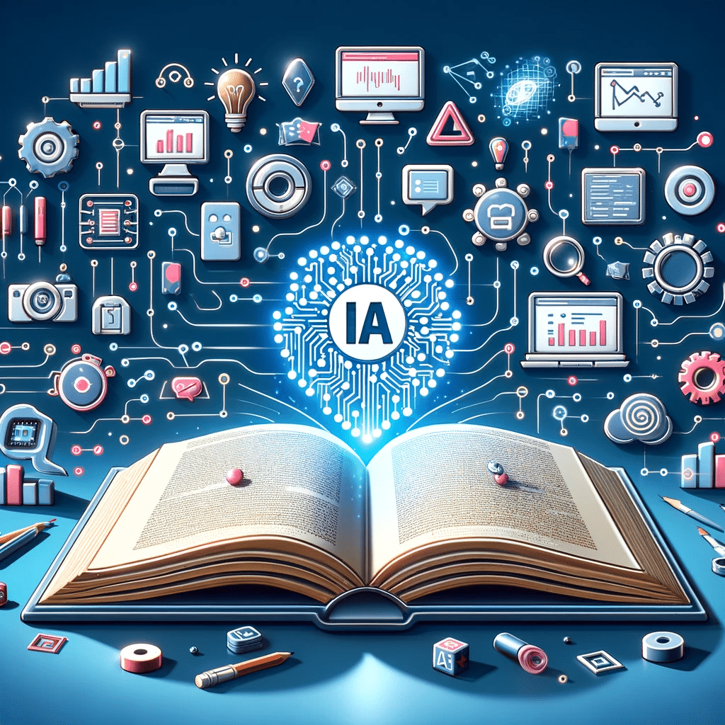 Ilustración de un libro abierto con símbolos de IA y marketing digital, rodeado de una computadora y gráficos, para empresas emergentes | Posiciona.Digital