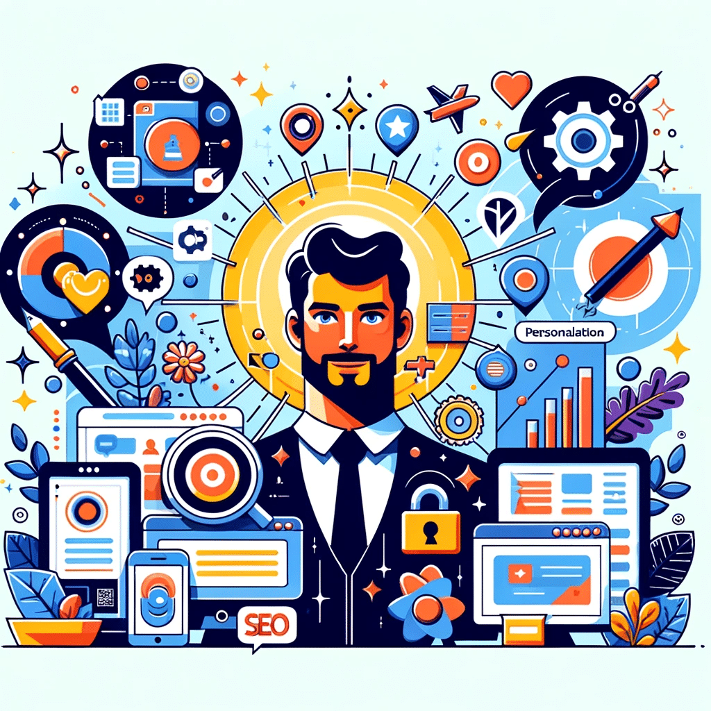 Ilustración destacando personalización, hosting y diseño con Elementor en marketing digital | Posiciona.Digital