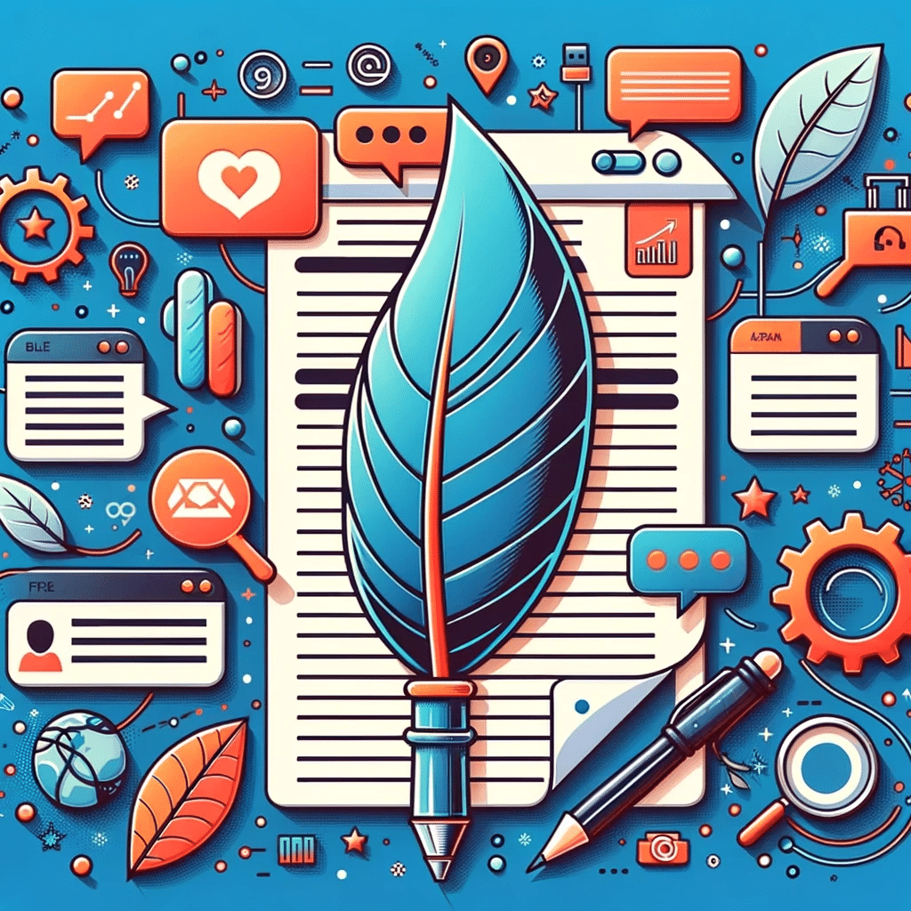 Ilustración de pluma escribiendo en blog para contenido de calidad, rodeado de lupa, iconos de 'me gusta', 'compartir' y enlaces entrantes. | Posiciona.Digital
