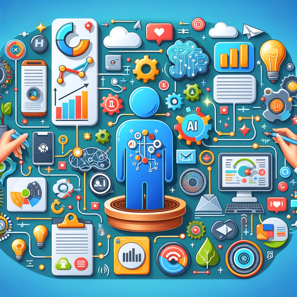 Ilustración moderna de herramientas de IA  con algoritmos, datos, y iconos de redes sociales | Posiciona.Digital