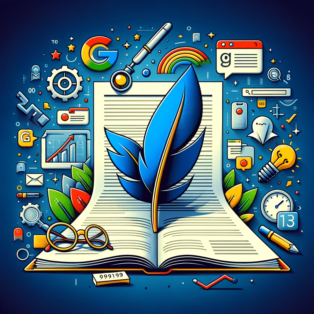 Gráfico de pluma y documento simbolizando la creación de contenido SEO para mejorar el posicionamiento en Google. | Posiciona.Digital
