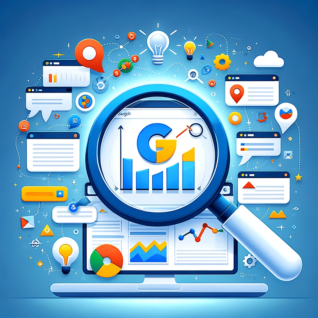 Ilustración de marketing digital con lupa sobre gráficos de cómo usar Google Analytics, Google Search Console y elementos SEO, ideal para sitio y tráfico web especializados. | Posiciona.Digital