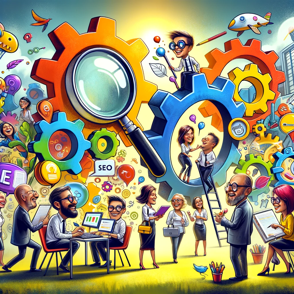 Caricatura de elementos clave en SEO y Marketing | Posiciona.Digital