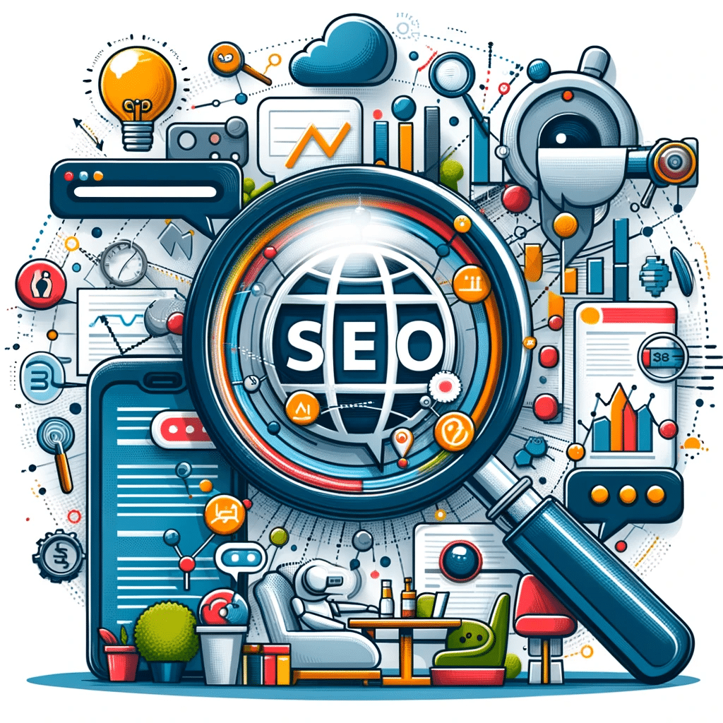 "Lupa enfocando burbuja de chat con elementos SEO". | Posiciona.Digital