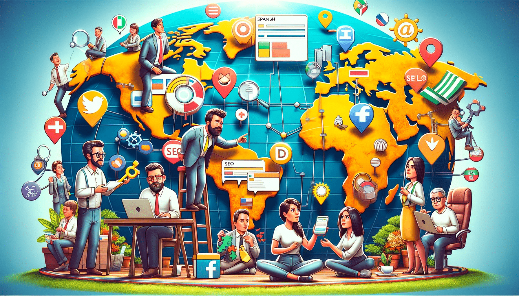 Caricatura destacando SEO y Marketing en español | Posiciona.Digital