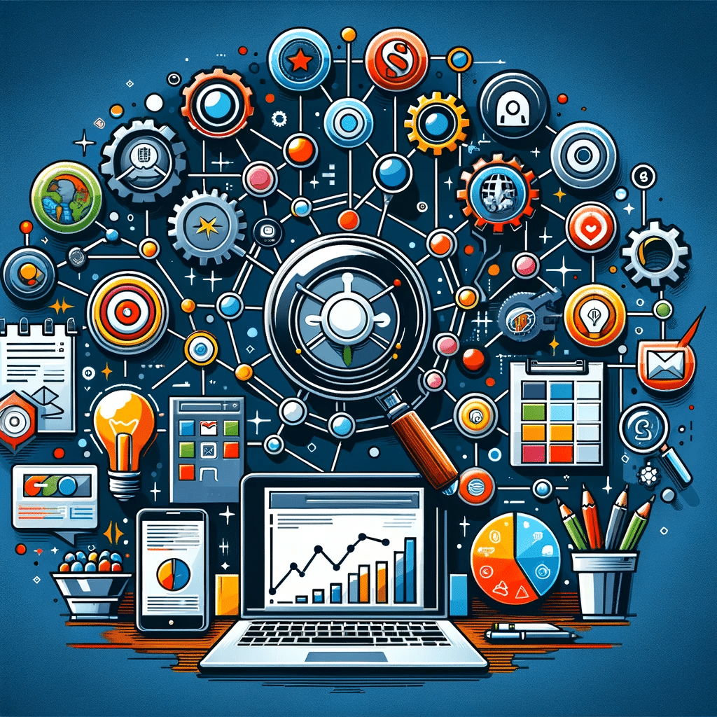 Ilustración de estrategias de marketing digital con SEO, contenido, redes sociales y análisis de datos. | Posiciona.Digital