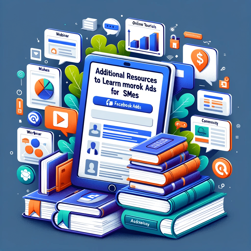 Ilustración de recursos para aprender sobre Facebook Ads con libros, tablet, webinars y tutoriales en línea. | Posiciona.Digital