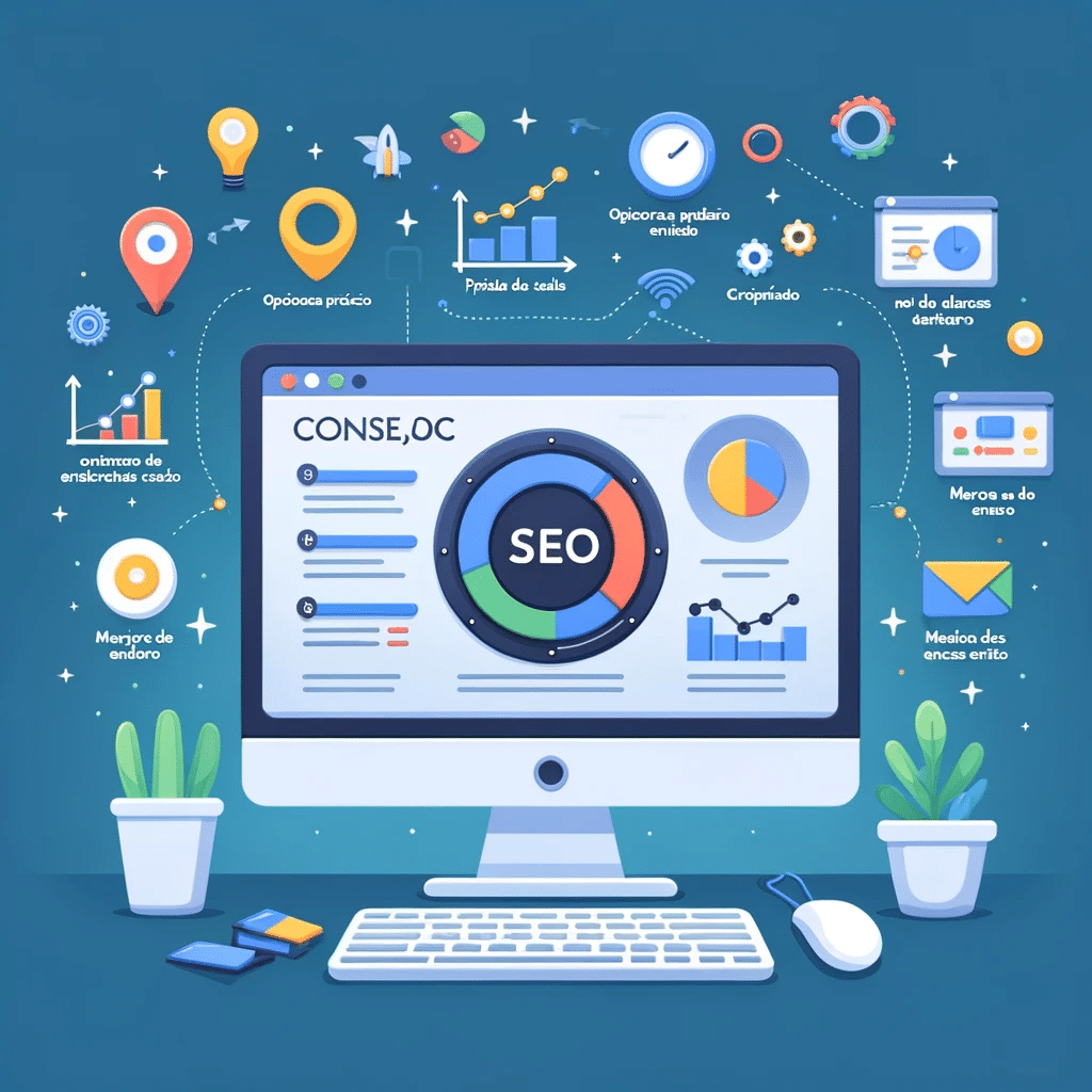 Ilustración de estrategia SEO con monitor mostrando consejos de optimización. | Posiciona.Digital