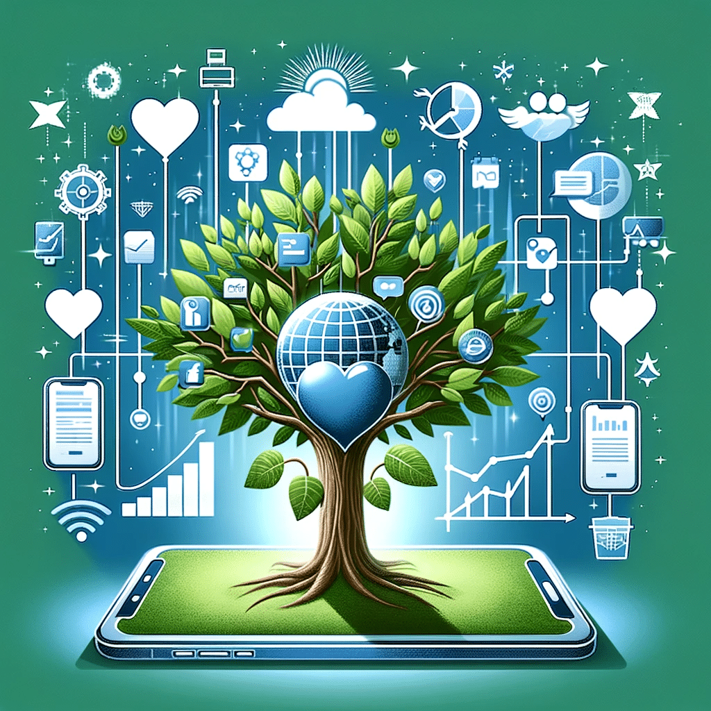 Árbol creciendo de dispositivo digital, simbolizando crecimiento y adaptabilidad del marketing en crisis. | Posiciona.Digital