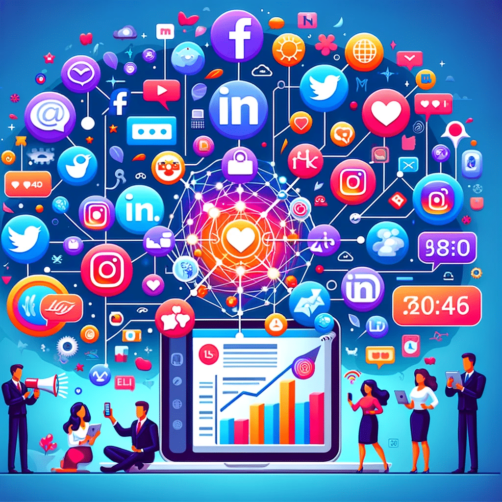 Ilustración de uso de redes sociales para marcas con iconos conectados, marketing viral y engagement en aumento. | Posiciona.Digital