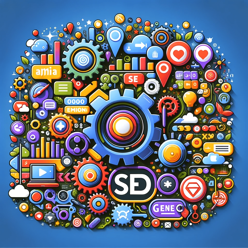Ilustración de SEO y generación de enlaces con engranaje central, elementos de marketing digital y estilo moderno. | Posiciona.Digital