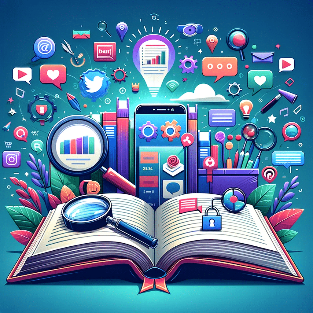 Libro abierto con estrategias de marketing móvil para pymes, mostrando dispositivos y crecimiento de engagement. | Posiciona.Digital