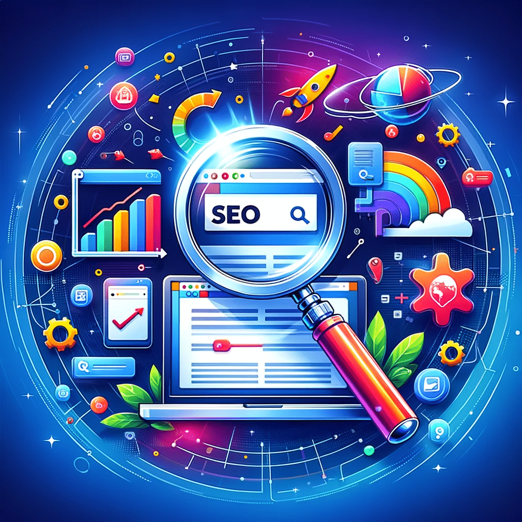 Ilustración de SEO con lupa en página web, gráfico de tráfico web en aumento y herramientas de SEO. | Posiciona.Digital