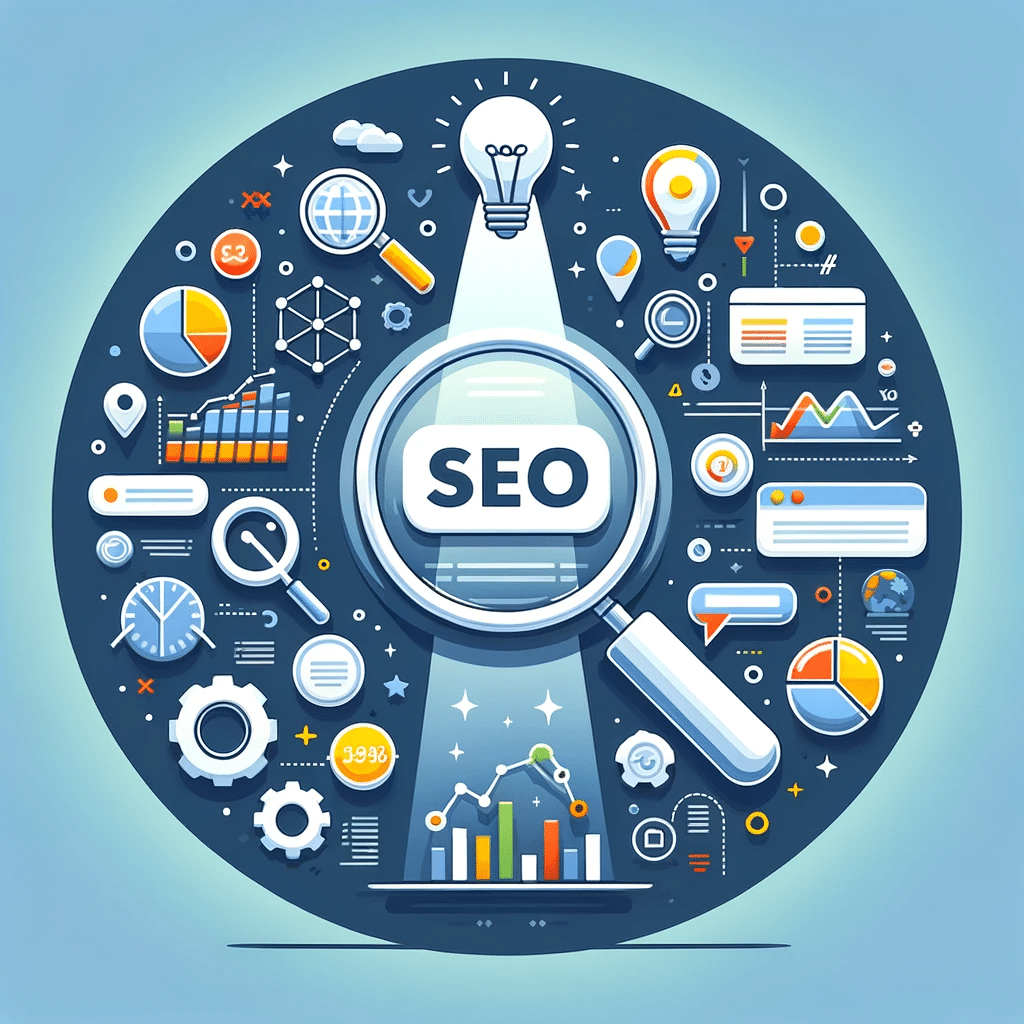 Ilustración SEO con lupa en ranking de búsquedas, palabras clave y enlaces, ideal para explicar posicionamiento web. | Posiciona.Digital