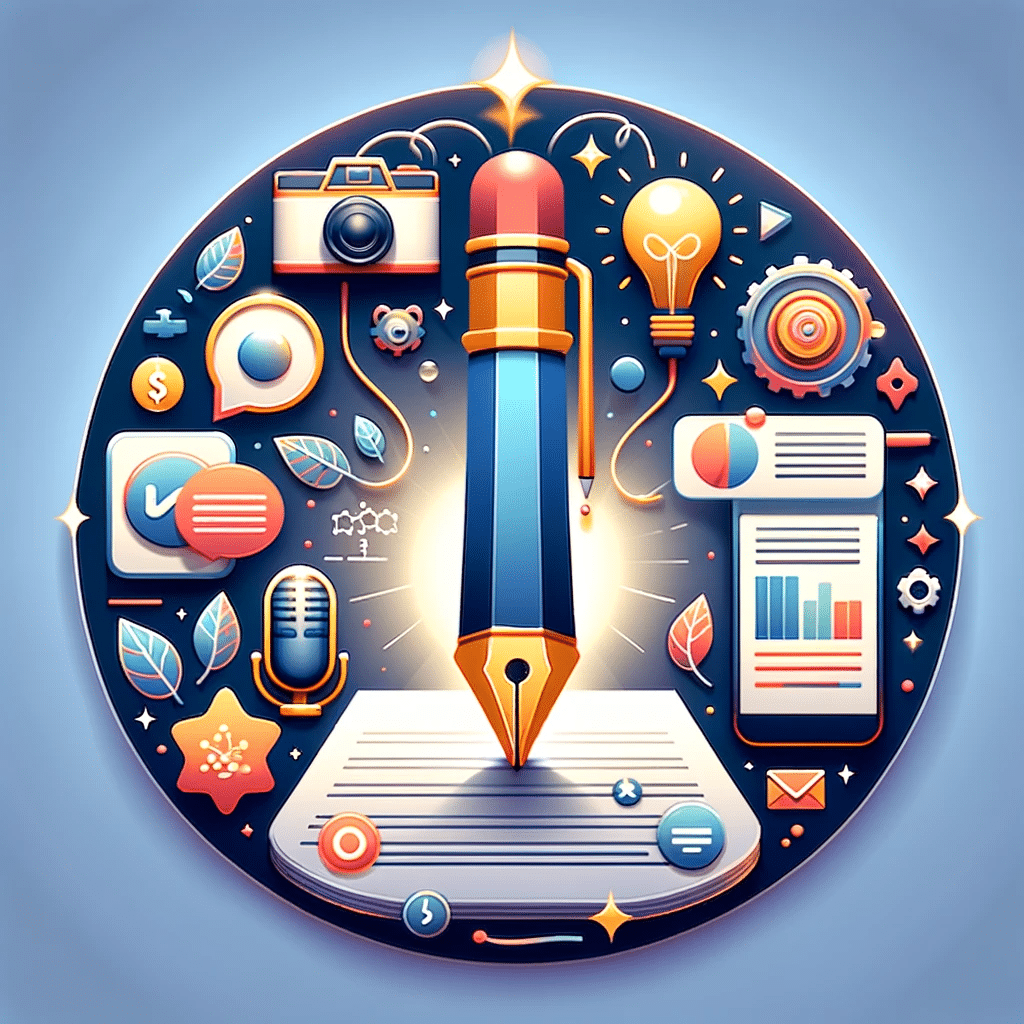 Ilustración de creación de contenido de calidad con símbolos de video, podcast, blogs e infografías para brand. | Posiciona.Digital