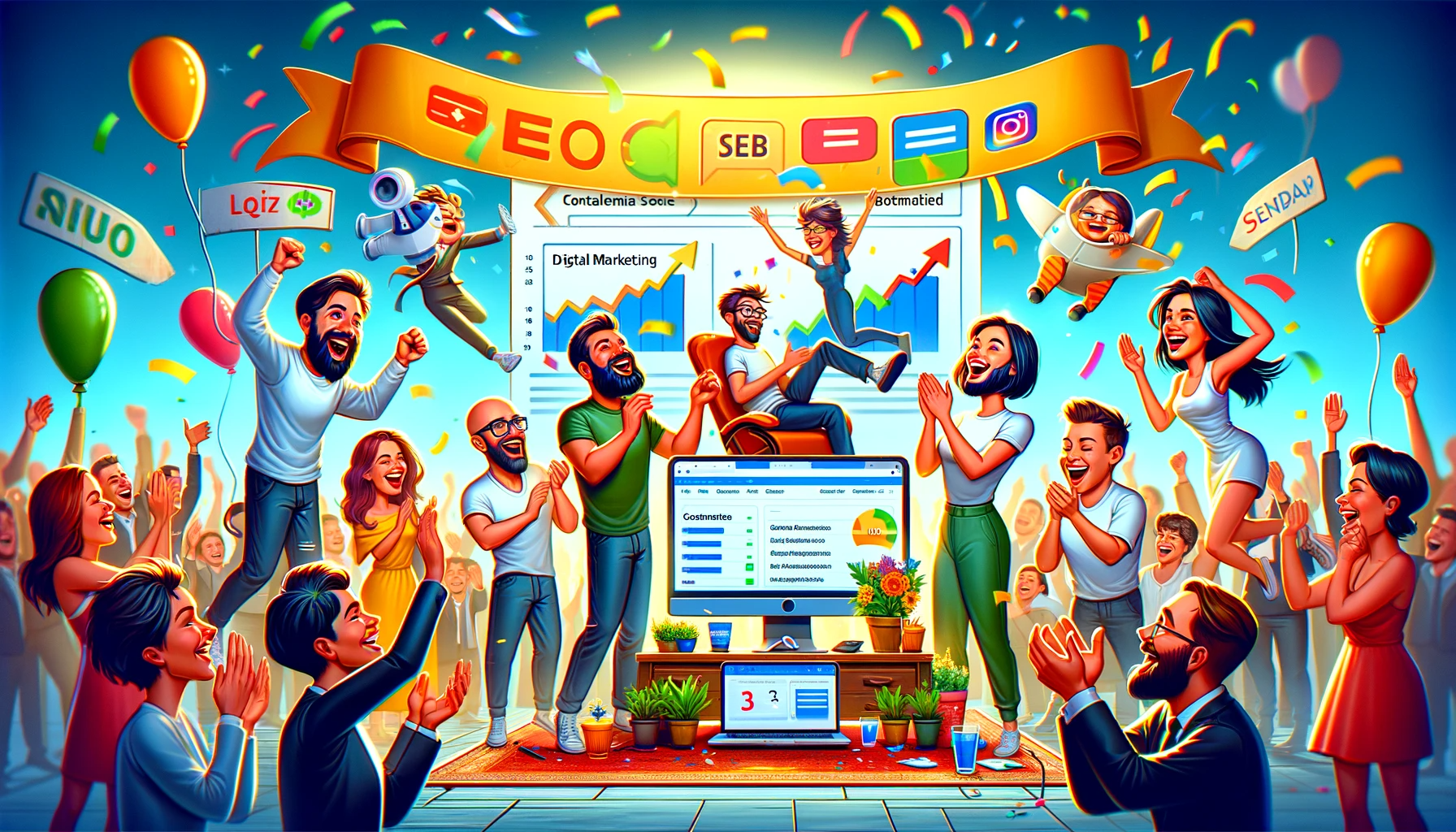 Equipo de marketing celebrando éxito en SEO y contenido | Posiciona.Digital
