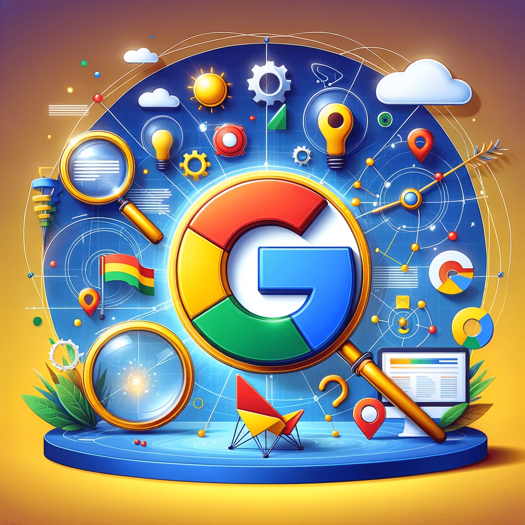 Gráfico con símbolo de Google y elementos SEO clave como palabras clave y análisis de tráfico y pymes. | Posiciona.Digital