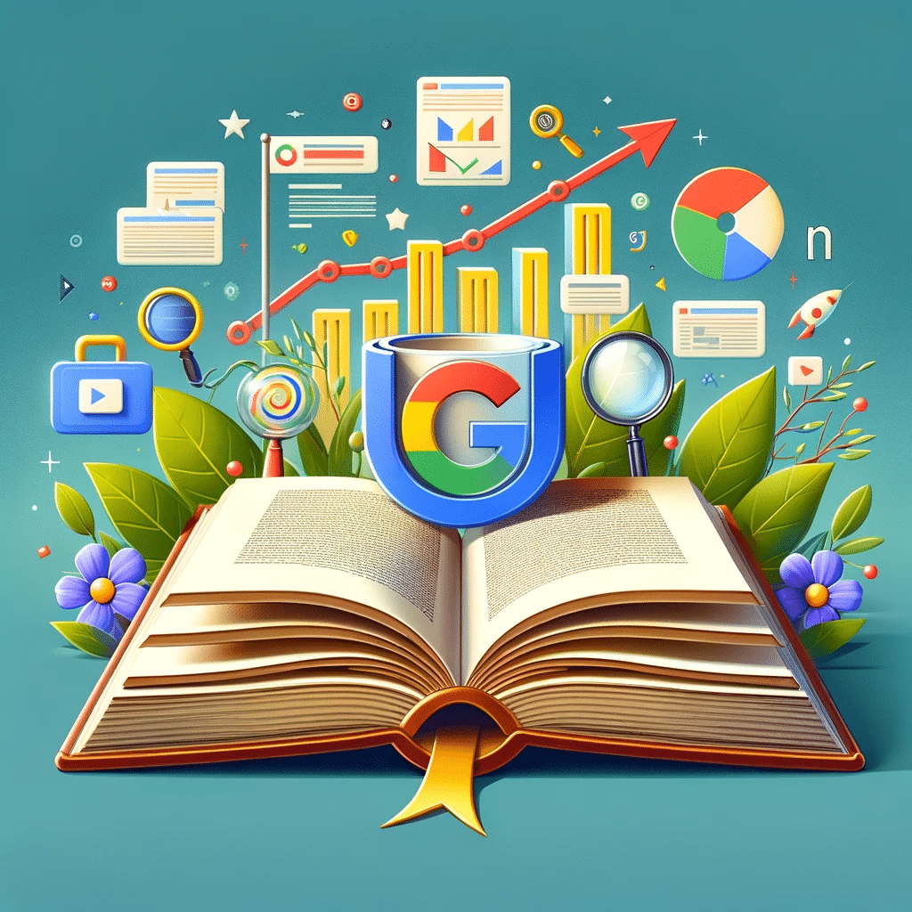 Gráfico creativo de un libro sobre SEO con gráficos de crecimiento, lupa en palabras clave y logo de Google. | Posiciona.Digital