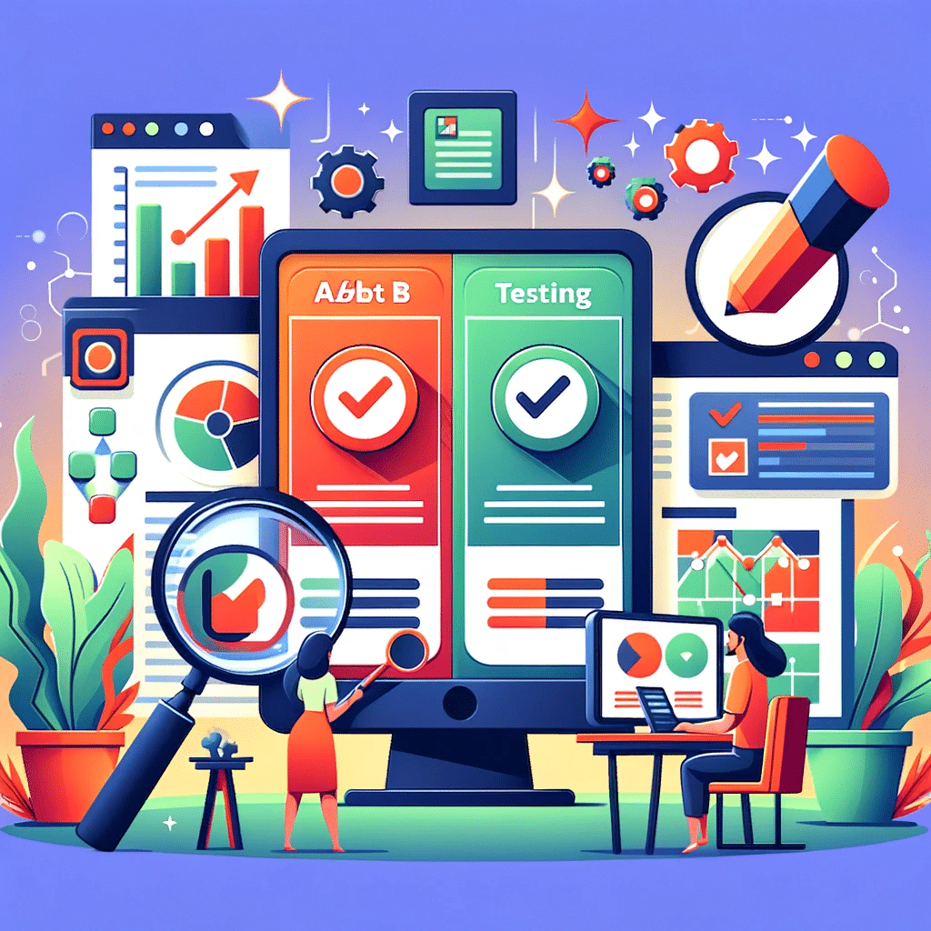 Ilustración sobre pruebas A/B en marketing digital, con pantalla dividida mostrando dos versiones de un anuncio | Posiciona.Digital