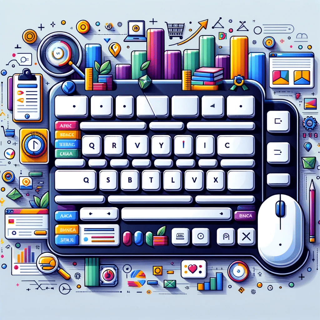 Ilustración de teclado con palabras clave de ecommerce, rodeado de gráficos de tráfico web y compras. | Posiciona.Digital