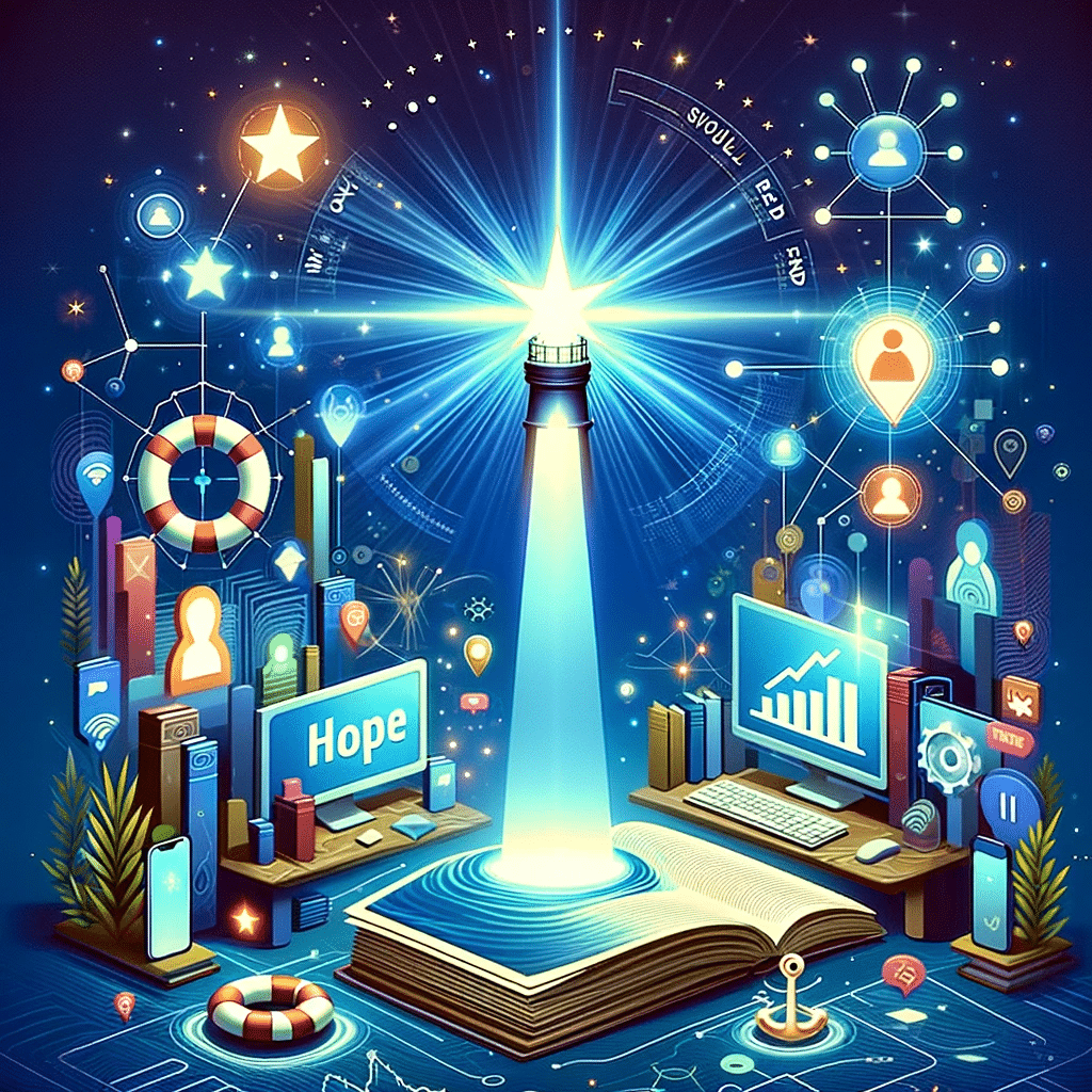 Faro de esperanza en paisaje digital, mostrando cómo el marketing digital pymes brinda soporte en crisis. | Posiciona.Digital