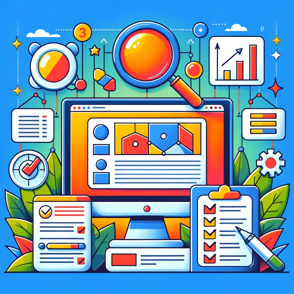 Ilustración sobre la optimización de páginas de destino en marketing digital, con pantalla de ordenador y gráficos de engagement. | Posiciona.Digital