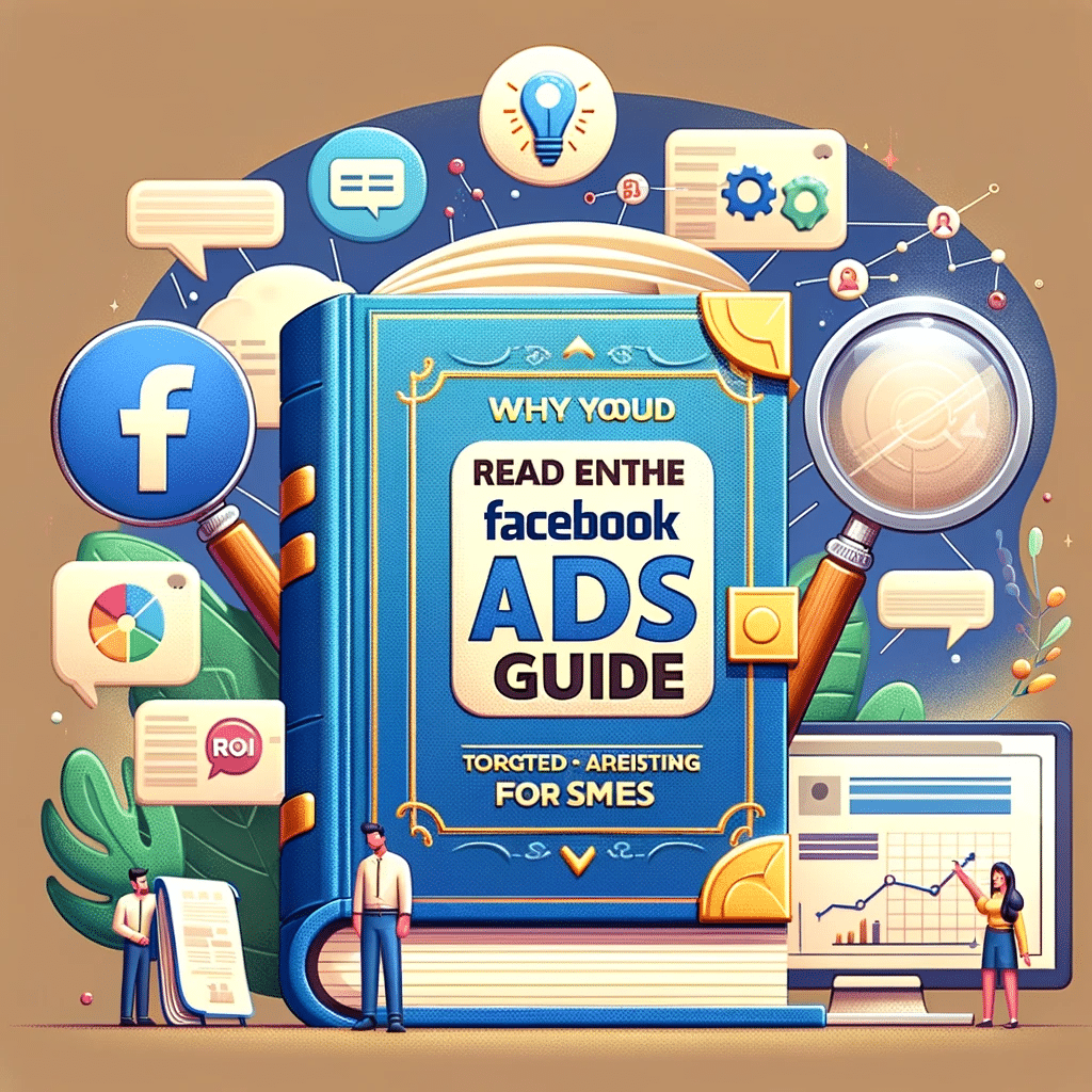 Ilustración de Facebook Ads para pymes, guía para principiantes, con lupa en publicidad dirigida, gráfico de ROI y análisis. | Posiciona.Digital