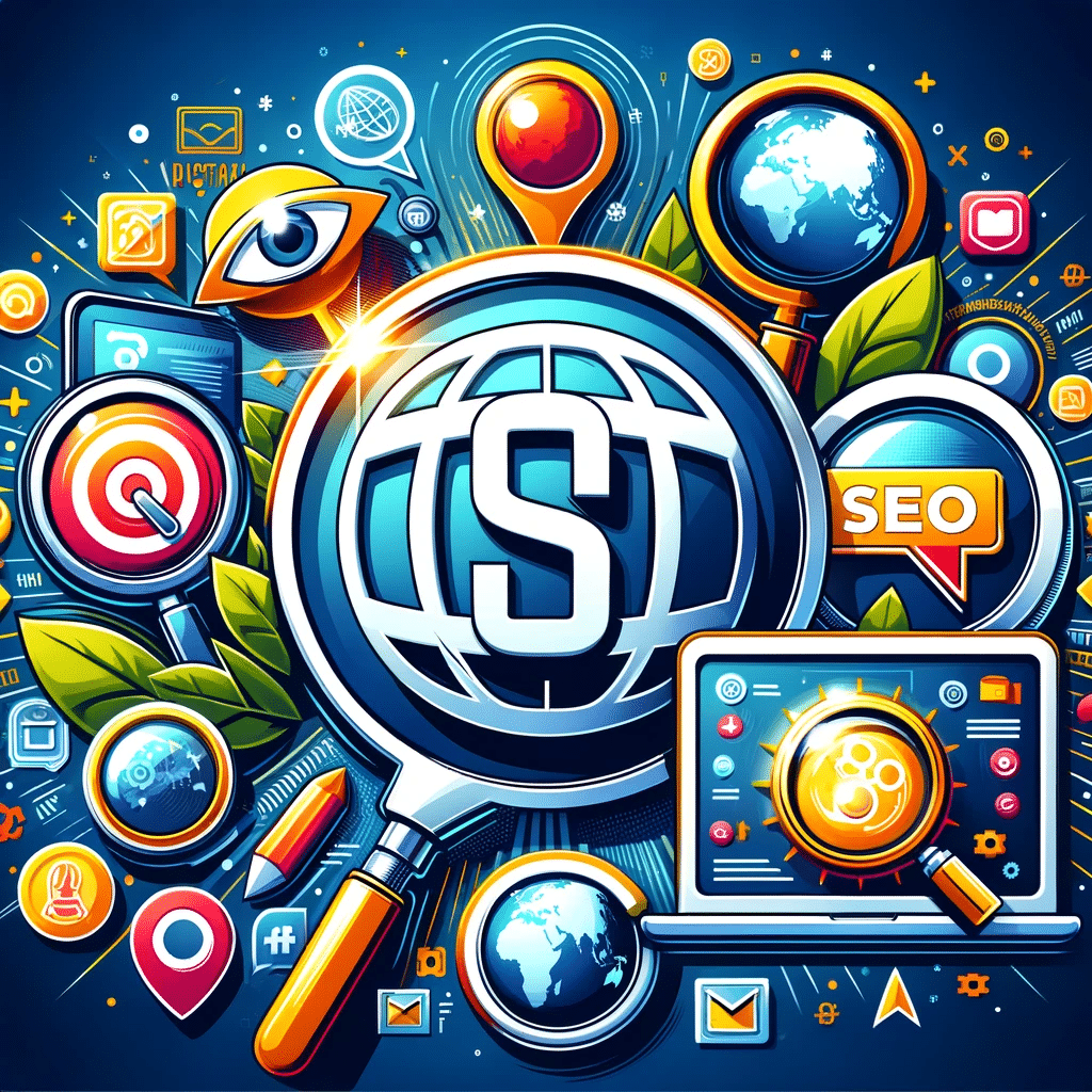 Ilustración de marca digital con elementos clave como SEO, redes sociales y diseño web innovador. | Posiciona.Digital