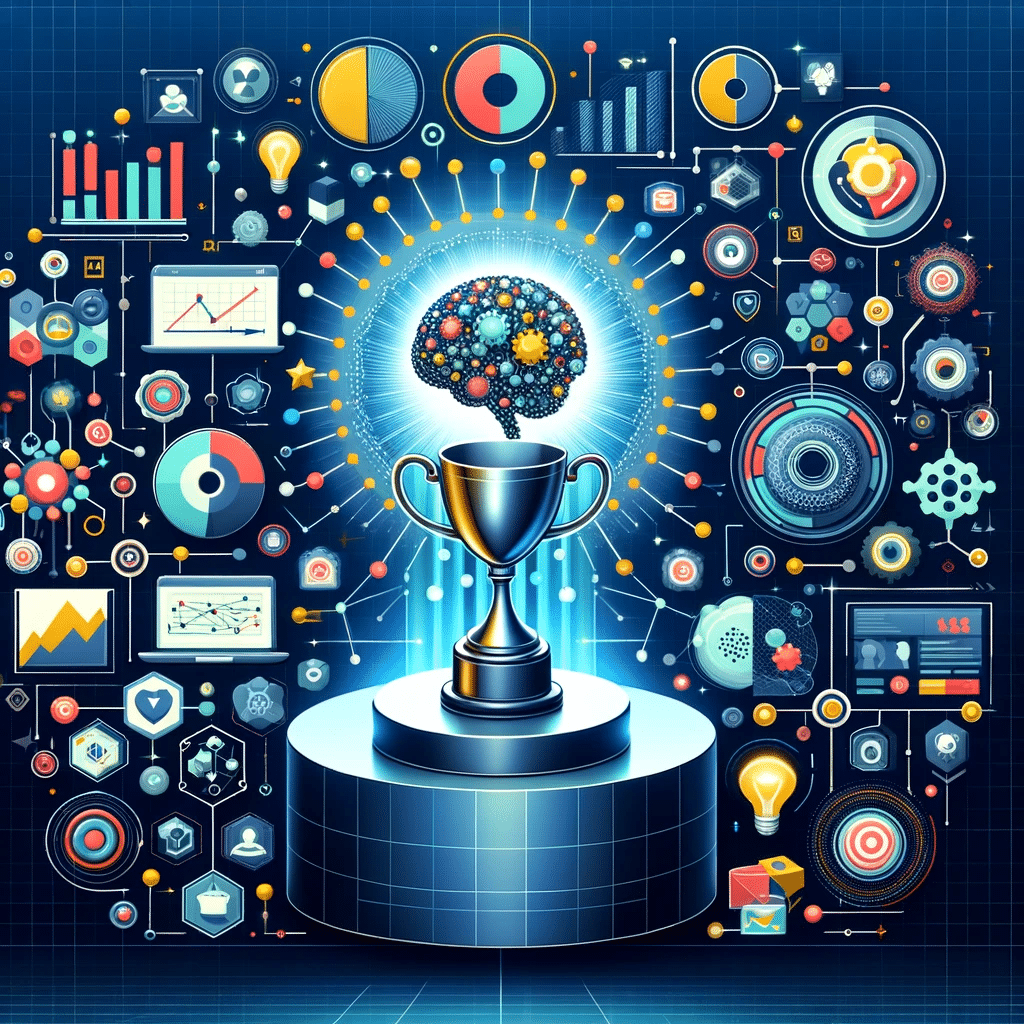 Ilustración de éxito en startups usando IA en marketing, con trofeo y elementos digitales | Posiciona.Digital