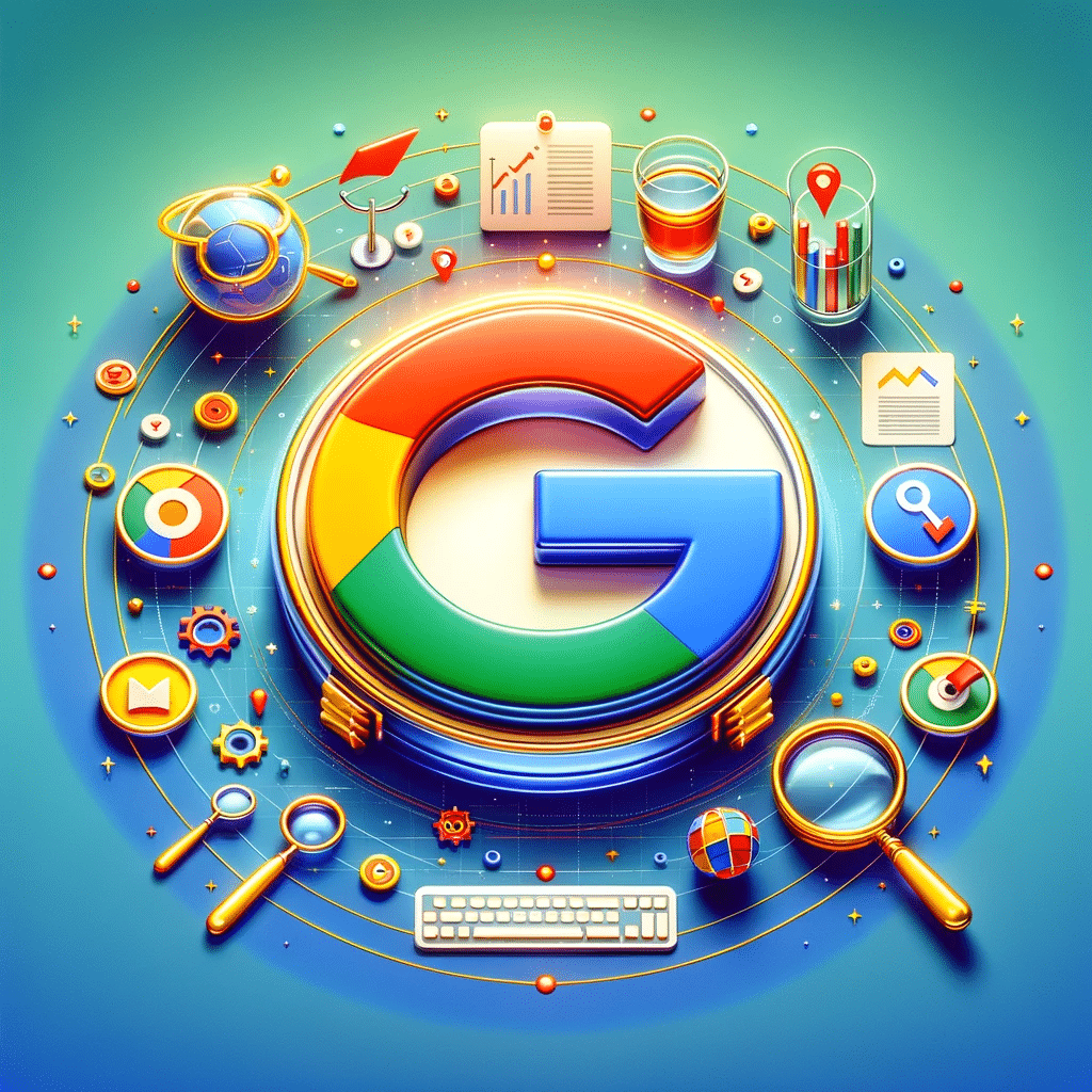 Ilustración destacando los fundamentos del SEO con símbolo de Google y elementos de optimización web. | Posiciona.Digital
