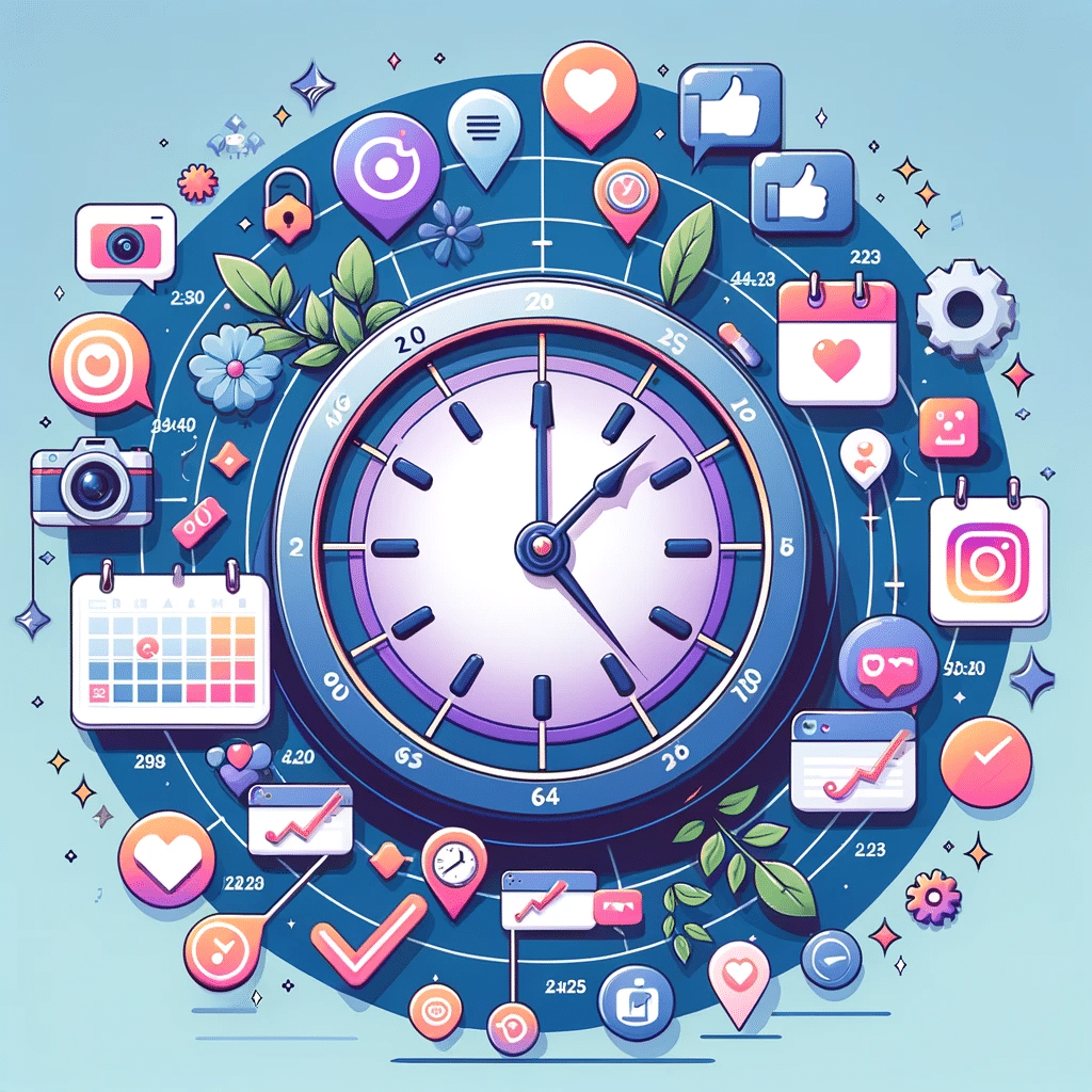Ilustración de un reloj con íconos de Instagram para negocios cómo enganchar a tu audiencia, simbolizando presencia constante en redes sociales | Posiciona.Digital