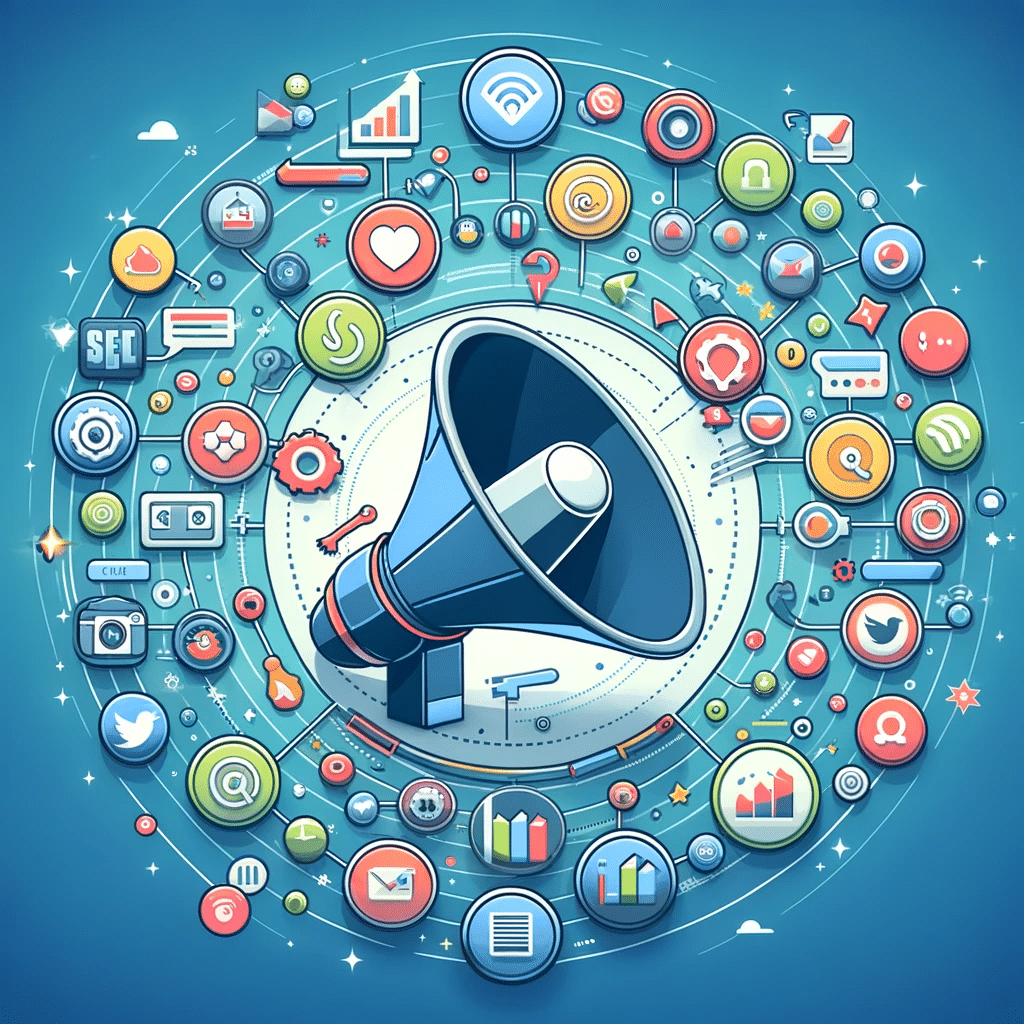 Megáfono digital con iconos de redes sociales, simbolizando promoción de contenido SEO en redes sociales. | Posiciona.Digital