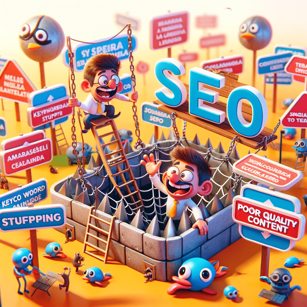 Caricatura mostrando errores comunes en SEO español | Posiciona.Digital