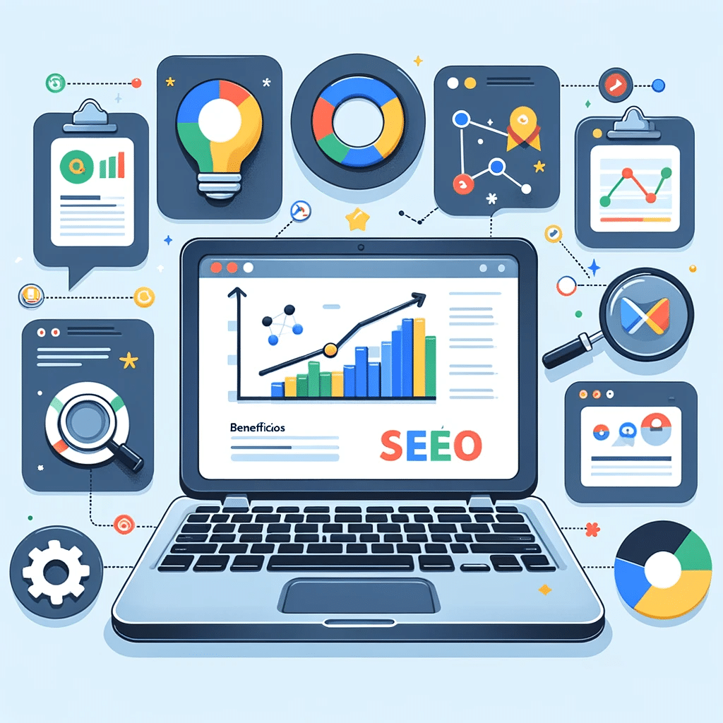 Ilustración con portátil mostrando Google Analytics y beneficios SEO como aumento de tráfico y mejora en ranking. | Posiciona.Digital