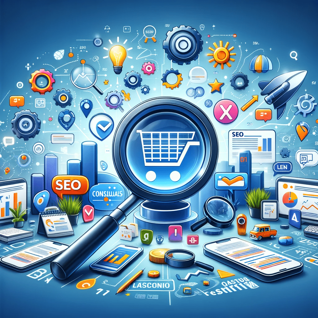 Gráfico concluyente con lupa en SEO y e-commerce, resaltando palabras clave (keyword research) y enlaces para éxito online. | Posiciona.Digital